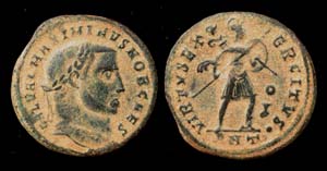 Galerius as Caesar, Follis, Virtus Exercitus, Antioch Mint Galerius as Caesar, Follis, Virtus Exercitus, Antioch Mint