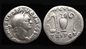 Vespasian AR Denarius, priestly implements reverse. Vespasian AR Denarius, priestly implements reverse.